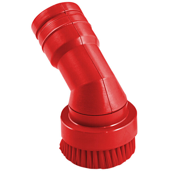 A red Delfin Industrial round brush for vacuum cleaners with a curved pipe attachment.