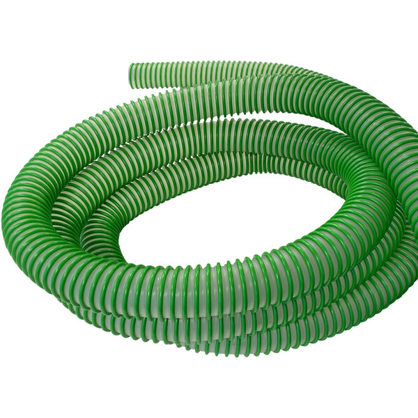 A green and white corrugated Delfin Industrial helix vacuum hose.