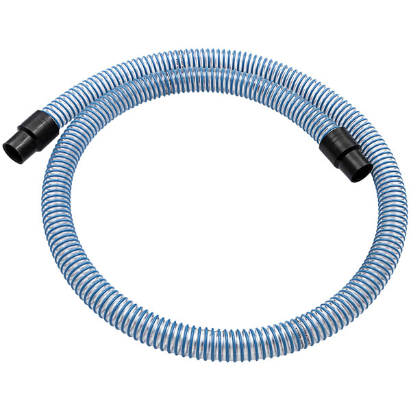 A close-up of a blue and white flexible hose with copper spiral.