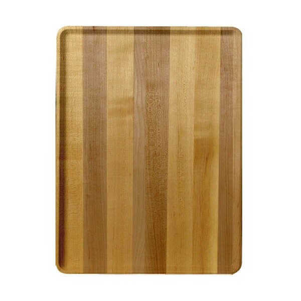 A close-up of a light butcher block faux-wood surface.