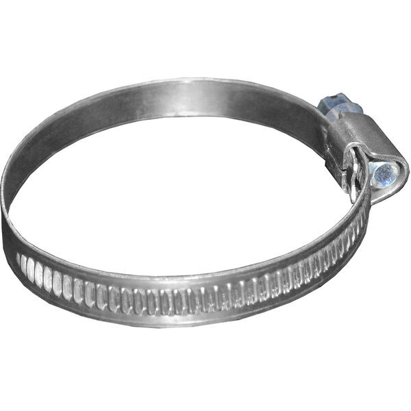 A galvanized steel hose adapter clamp with a metal screw ring.
