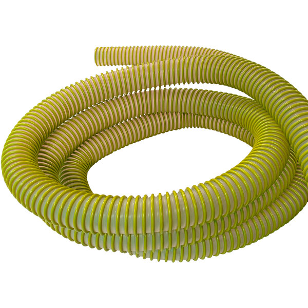 A yellow corrugated vacuum hose with two white stripes.