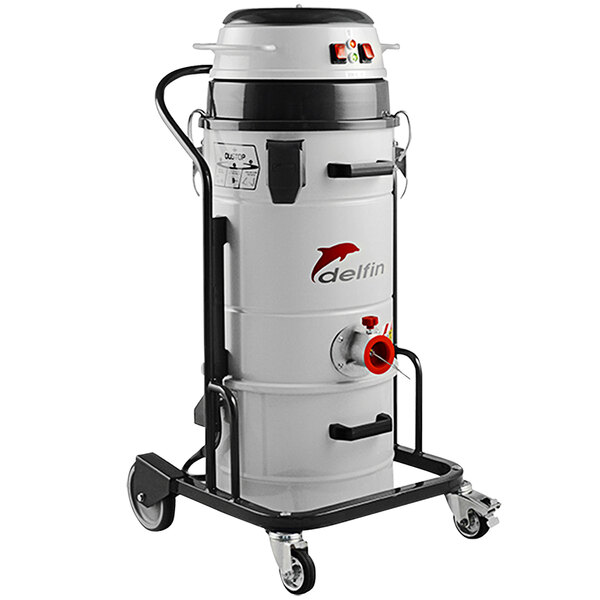 A white and black Delfin Industrial vacuum cleaner with wheels.
