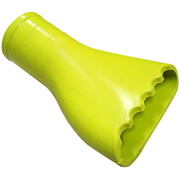 A yellow rubber nozzle with a serrated tip and a curved top.
