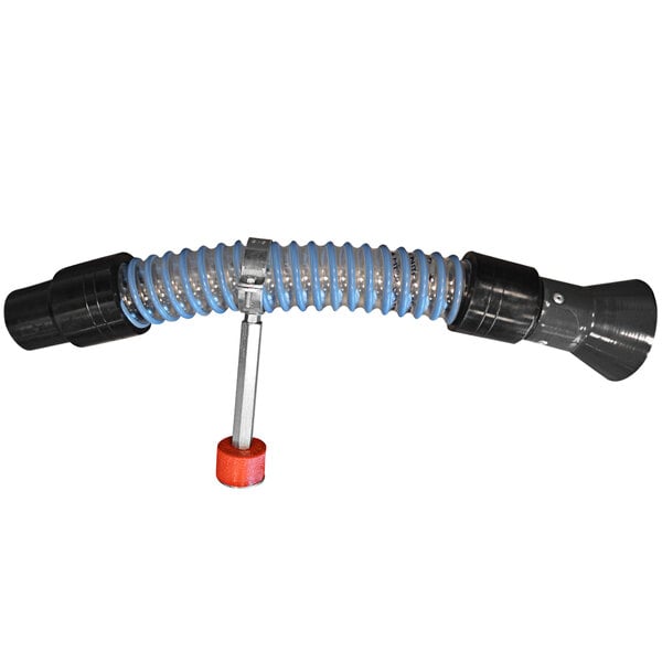 A blue and silver flexible hose with a red cap.