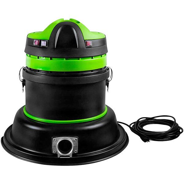 A black and green Atrix barrel vacuum cleaner with a cord.