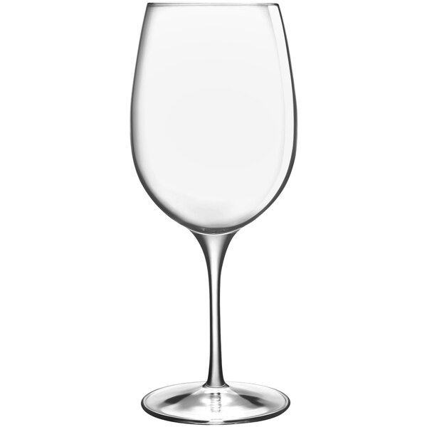 A close-up of a clear Luigi Bormioli Palace wine glass with a stem.