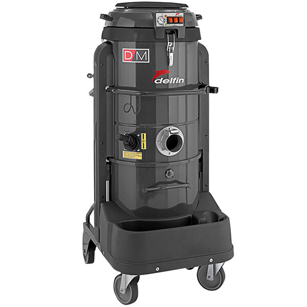 A black Delfin Industrial professional vacuum cleaner on wheels.
