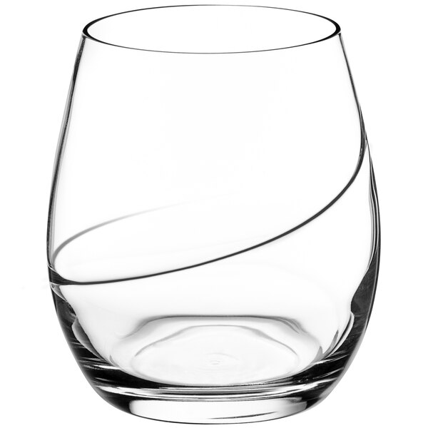 A Luigi Bormioli stemless wine glass with a spiral design.