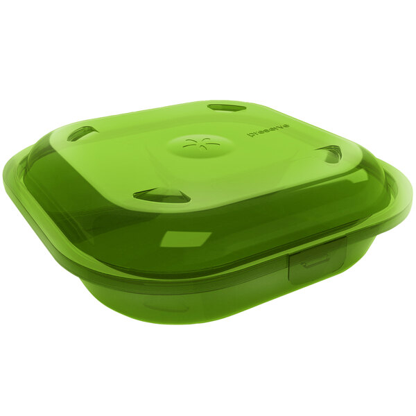 A green Preserve reusable 3 compartment take-out container with a lid.