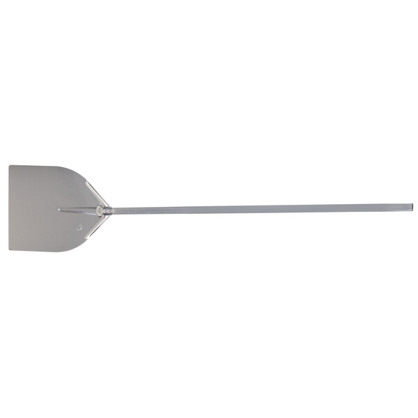 An American Metalcraft silver metal pizza paddle with long handle.