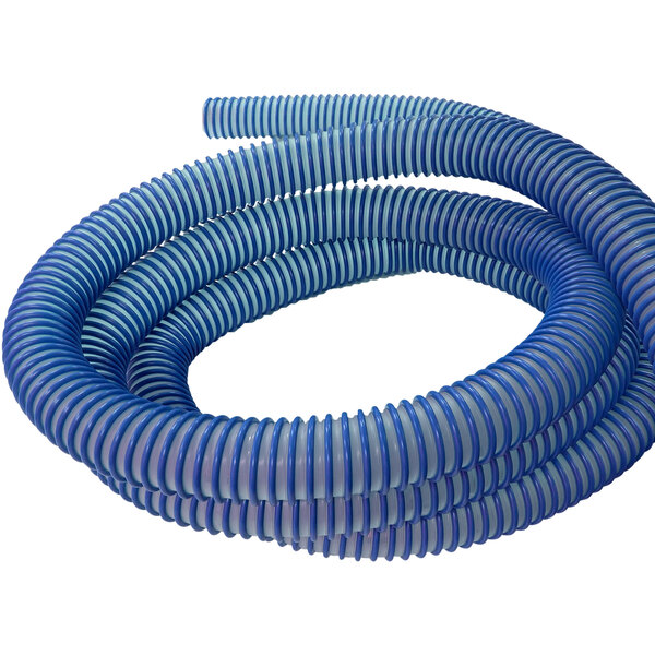 A blue Delfin Industrial helix vacuum hose with white stripes.