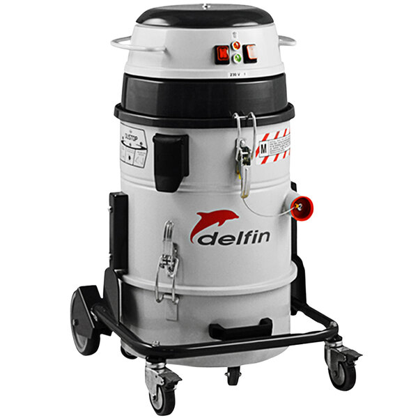 A white and black Delfin Industrial vacuum cleaner with wheels and a handle.
