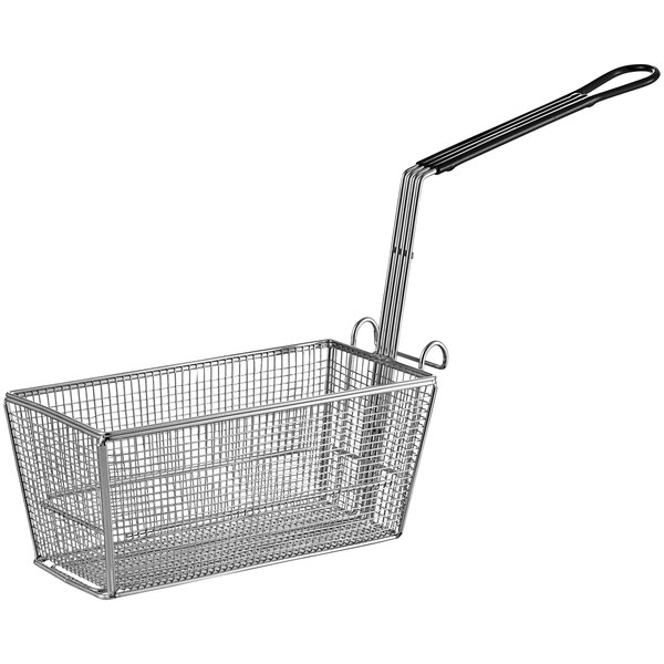 A Henny Penny half size fryer basket with a handle and back hook.