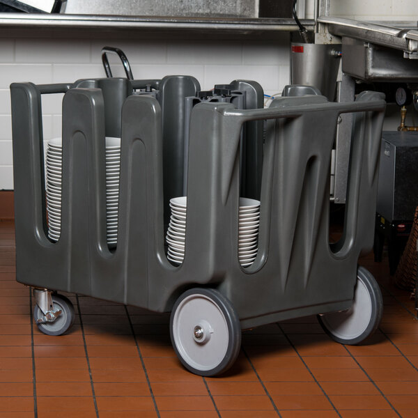 A large gray Vollrath dish caddy cart full of plates.