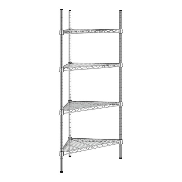 A wireframe of a Regency chrome triangle wire shelving unit with four shelves.