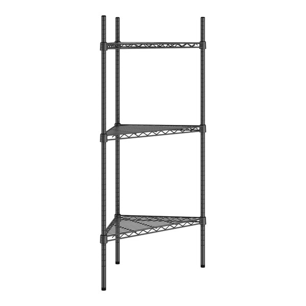 A black Regency wire shelving unit with three triangle shelves.