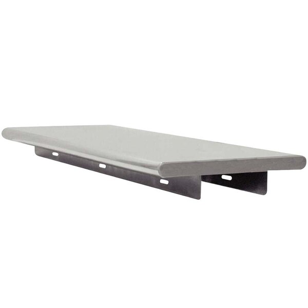 An Advance Tabco metal pass-through shelf with two metal legs.