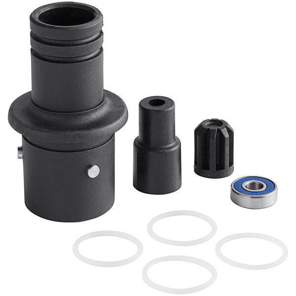 A black plastic coupling with rubber seals and metal rings.