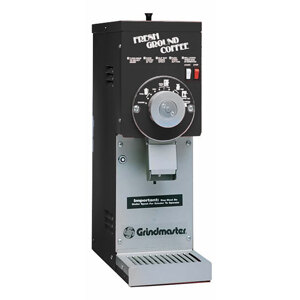 A close-up of a Grindmaster black coffee grinder.