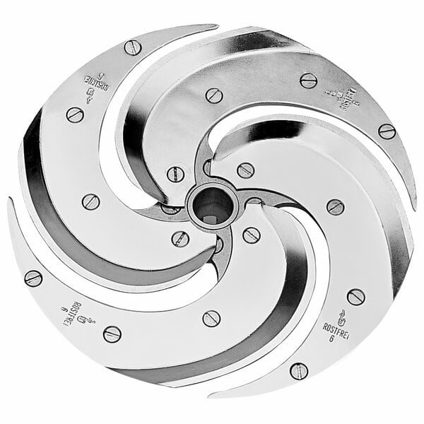 A circular metal Robot Coupe slicing disc with four holes.