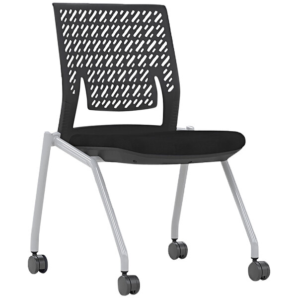 A black and grey Safco Thesis Flex training chair with wheels.