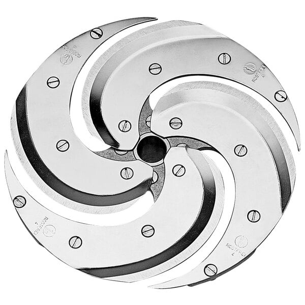 A circular metal Robot Coupe slicing disc with four holes.