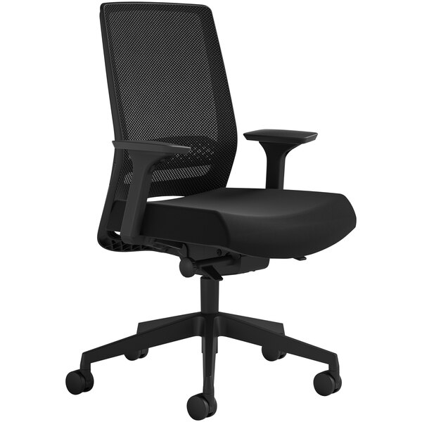 A black Safco Medina deluxe task chair with black mesh back and arms on wheels.