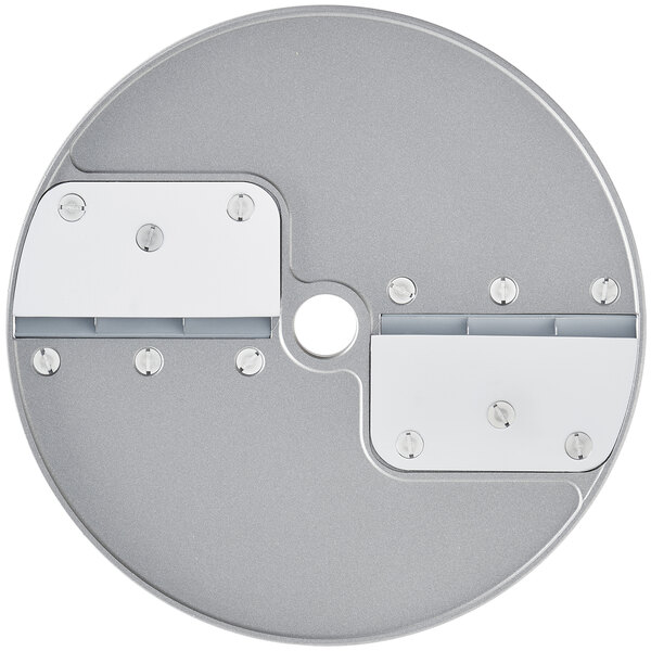 A circular metal Robot Coupe julienne disc with screws and two holes.