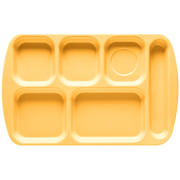 A close-up of a GET yellow tray with 6 compartments.