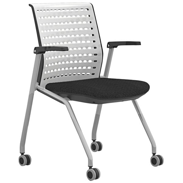 A gray Safco Thesis training chair with wheels.