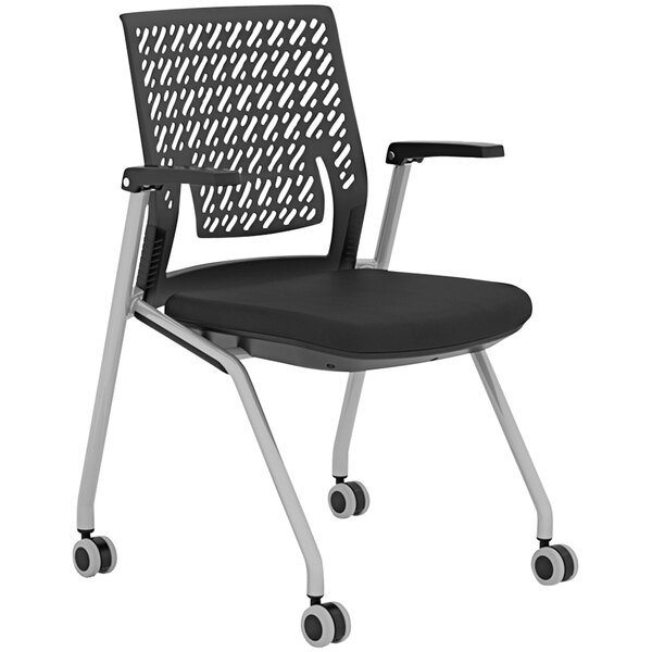 A black Safco Thesis Flex training chair with wheels.