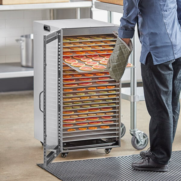 An Avantco stainless steel food dehydrator with a glass door on a white background.