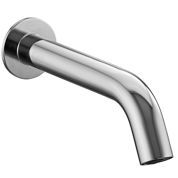 A close-up of a Zurn chrome-plated wall mount sensor faucet with a curved spout.