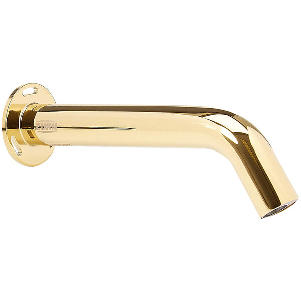 A close-up of a Zurn polished brass wall mount electronic faucet.