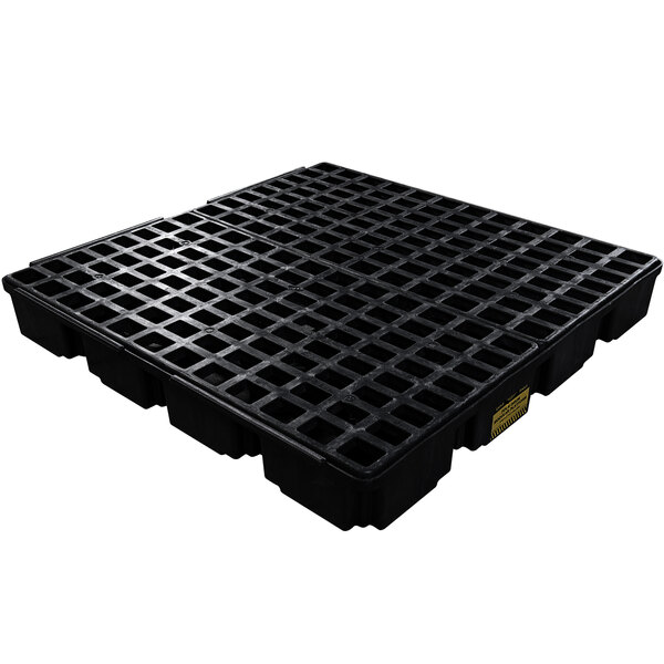 A black plastic pallet with holes by Eagle Manufacturing.