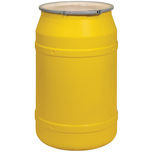 A yellow Eagle Manufacturing plastic barrel with metal bung holes and a metal lever-lock lid.