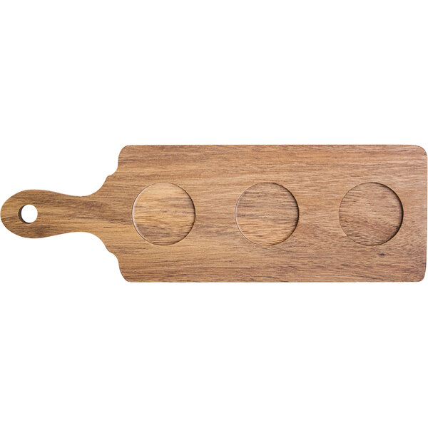 An International Tableware rectangular acacia wood serving board with 3 circles cut out.