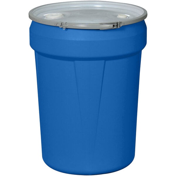 A blue plastic Eagle Manufacturing industrial drum with metal lever-lock lids.