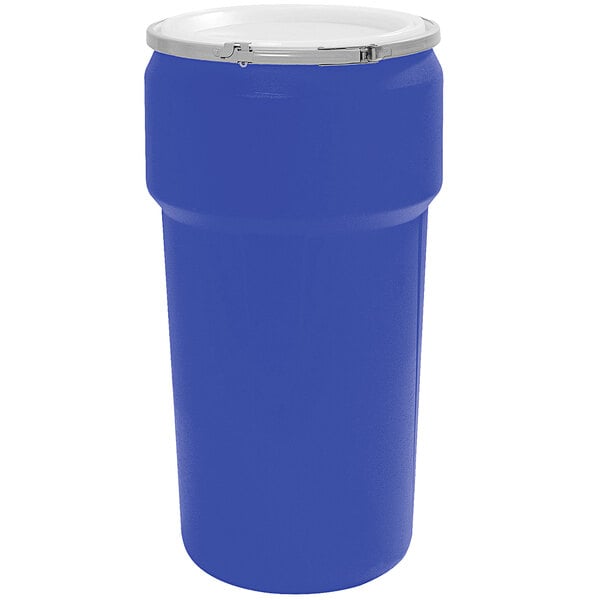A blue plastic barrel drum with a metal lever-lock lid.