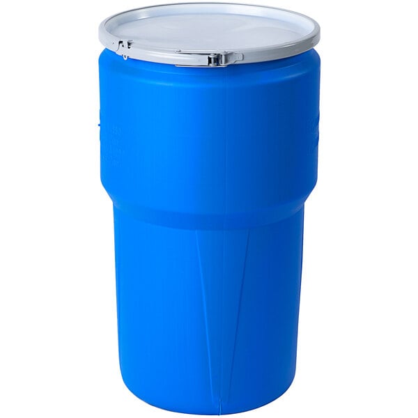An Eagle Manufacturing blue plastic barrel with a metal lid.