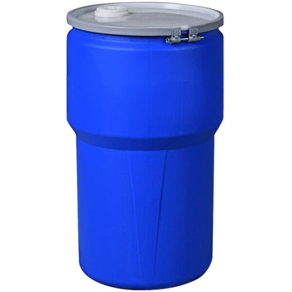 An Eagle blue plastic barrel with metal bolt ring lid.