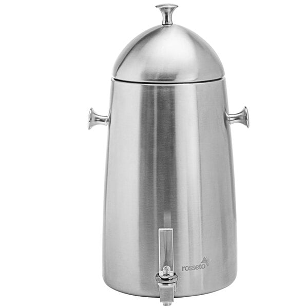 A stainless steel Rosseto coffee urn with a lid.