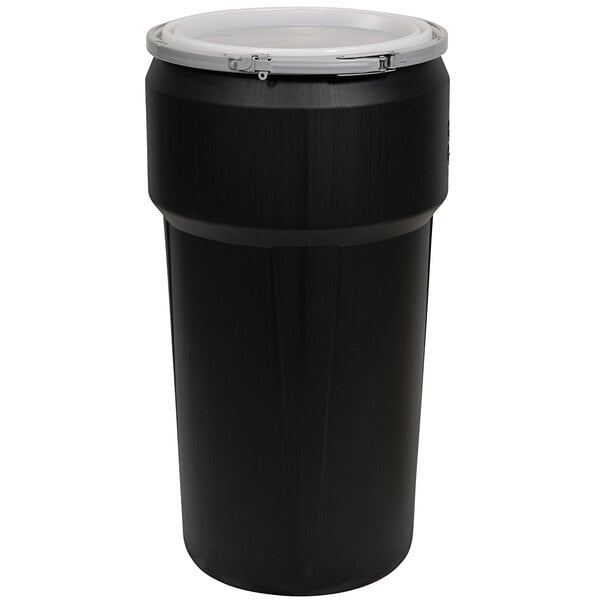 A black plastic Eagle Manufacturing barrel drum with a metal lever-lock lid.