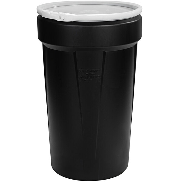 A black plastic Eagle Manufacturing drum with a plastic lid.