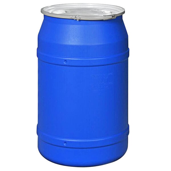 A close up of a blue Eagle Manufacturing plastic barrel with metal bung holes.