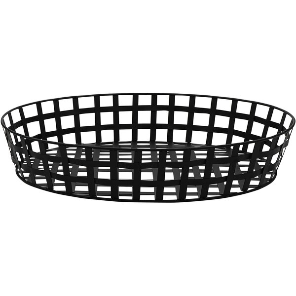 A black iron oval basket with a handle.