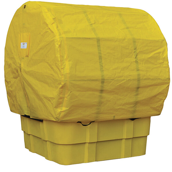 An Eagle Manufacturing yellow IBC container with a soft top cover.