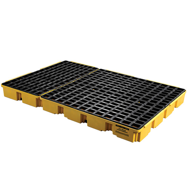 A yellow pallet with black grates for Eagle Manufacturing 88 gallon spill containment platform.