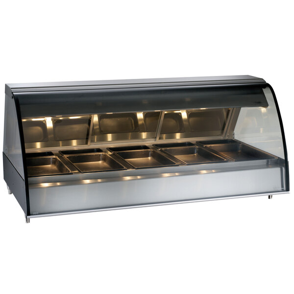 An Alto-Shaam black countertop heated display case with curved glass over trays of food.